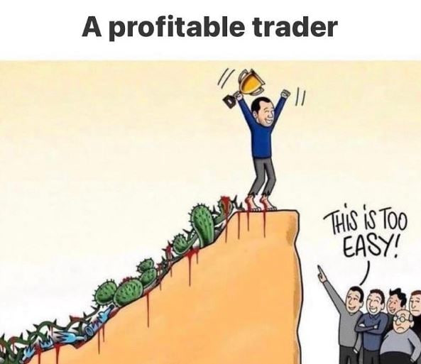 A satirical cartoon titled 'A profitable trader' showing a man triumphantly holding a trophy at the edge of a cliff while standing on a mountain of corpses and cacti, with onlookers commenting 'THIS IS TOO EASY!'.
