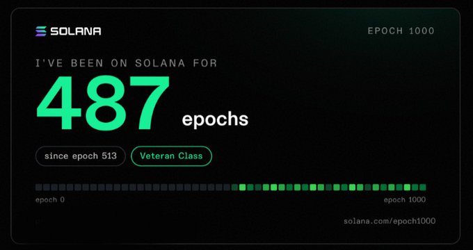 A Solana blockchain graphic displaying 'EPOCH 1000' indicating the account has been on Solana for 487 epochs, since epoch 513, labeled as 'Veteran Class', with a progress bar visualization.