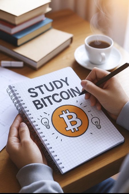 A person writes "STUDY BITCOIN" in a notebook next to a Bitcoin logo, with a steaming cup of coffee and books on the desk—visually reinforcing the post's call to study and understand Bitcoin fundamentals rather than misunderstand how nodes function versus miner signaling.