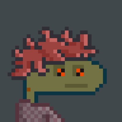 A pixel art style illustration of a green creature with orange eyes wearing a red coral-like crown against a dark background.