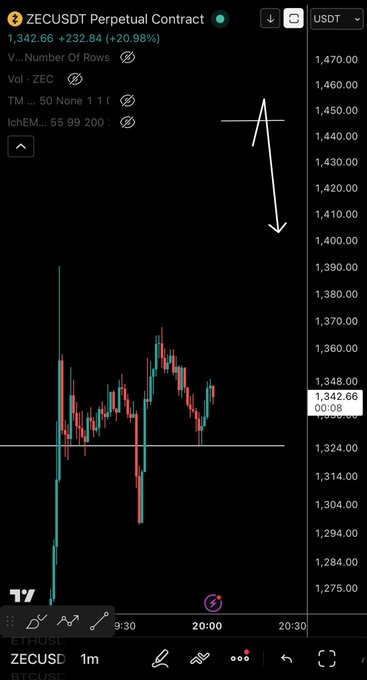 A TradingView chart of the ZECUSDT perpetual contract on a 1-minute timeframe shows Zcash priced at $1,342.66, up 20.98%, with a hand-drawn arrow pointing upward toward the $1,450 target level mentioned in the post, suggesting a bullish trade idea dependent on holding current support.
