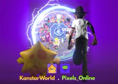 Promotional graphic for 'KanstarWorld Pixels Online' featuring a 3D character in a black hat reaching toward a glowing portal with a yellow star character nearby.