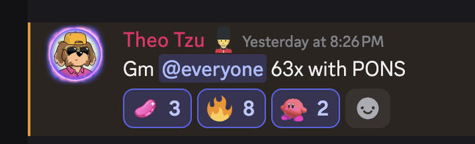 A Discord message from Theo Tzu posted at 8:26PM reads "Gm @everyone 63x with PONS," featuring reaction emojis showing 3 beans, 8 fire, and 2 Kirby emojis, celebrating the 63x gains mentioned in the accompanying post.