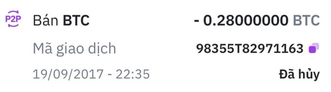 A screenshot of a P2P Bitcoin transaction in Vietnamese, showing 'Bán BTC' (Sell BTC) for -0.28000000 BTC, transaction ID 98355T82971163, dated 19/09/2017 - 22:35, marked as 'Đã hủy' (Cancelled).