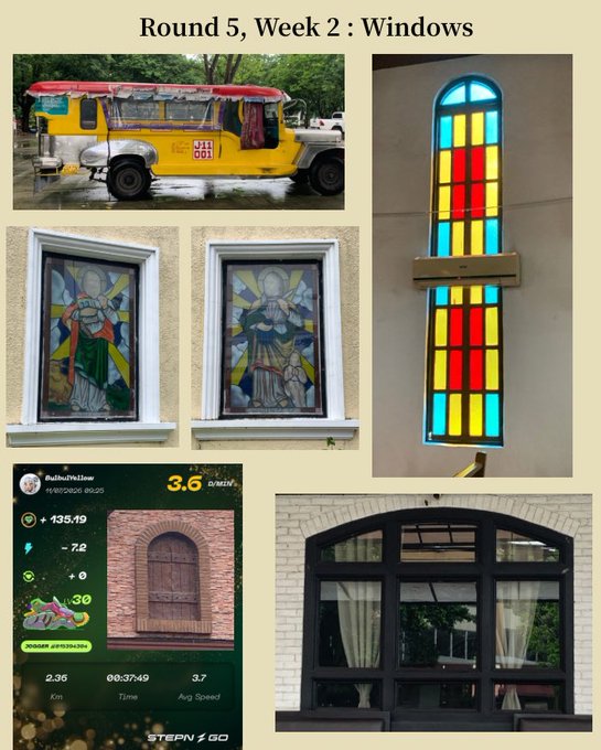 A collage titled 'Round 5, Week 2 : Windows' featuring various images of windows, including those of a yellow jeepney, a tall stained-glass church window, two small religious stained-glass windows, a dark arched wooden door, an app screenshot with Thai text and stats like '3.6 Km' and '00:37:49 Time', and a modern white-brick window.