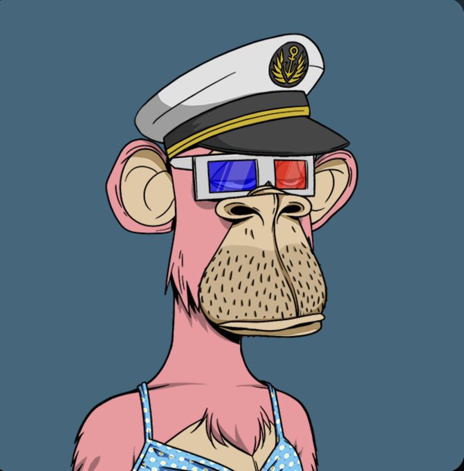 A cartoon illustration of a pink ape wearing a white sailor cap with an anchor emblem, 3D glasses with red and blue lenses, and a blue polka-dot top.