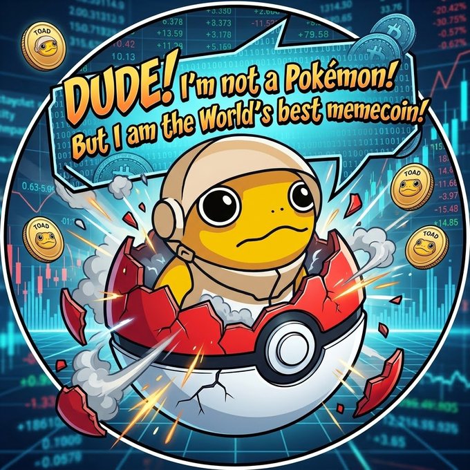 A vibrant promotional meme coin graphic featuring a cartoon toad wearing an aviator helmet emerging from a cracked Pokéball, with the text "DUDE! I'm not a Pokémon! But I am the World's best memecoin!" set against a crypto trading chart background.