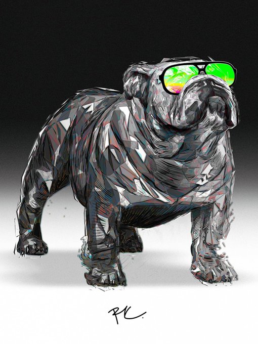 A digital illustration of a gray bulldog rendered in a sketchy, painterly style wearing green and pink reflective sunglasses against a black background, signed 'PL.' at the bottom.