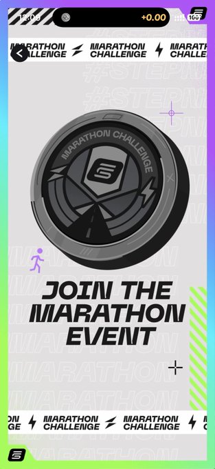 The image is a promotional graphic from STEPN featuring a black circular "Marathon Challenge" badge and the text "JOIN THE MARATHON EVENT," promoting the now-concluded marathon challenge referenced in the post.