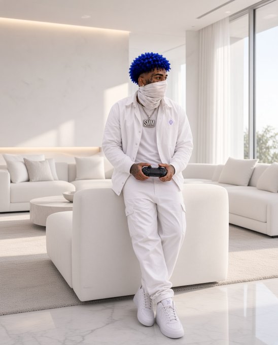 A person with blue spiky hair and a white face covering stands in a modern white living room, holding a game controller and wearing an all-white outfit.