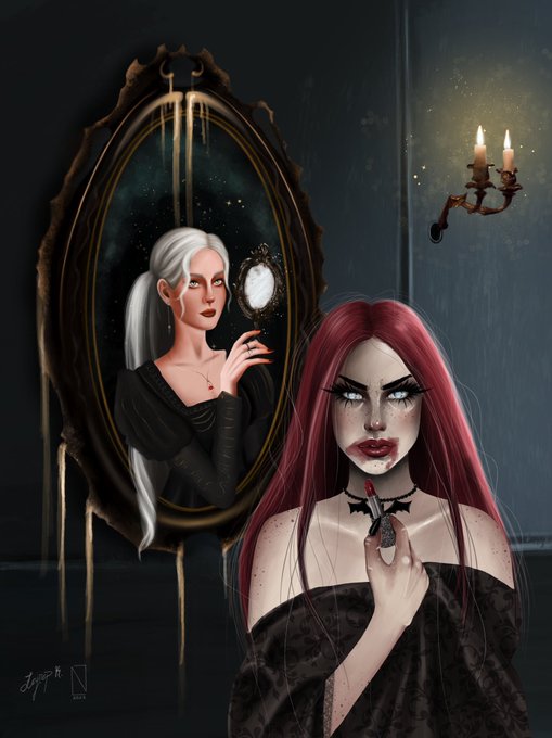 A digital artwork titled "Soulmate Mirror" showing a red-haired woman examining a small ornate mirror beside a large, melting gold-framed mirror that reflects her true soulmate—a white-haired figure holding a matching mirror. The piece is a 1/1 collaboration between artists Nerdanelk, listed at 800 XTZ, signed with "N" in the corner.
