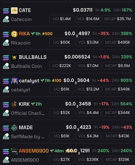 A cryptocurrency tracker displays trending tokens on Dexscreener, with $CATE (Catecoin) leading at the top with a 167% gain in 24 hours and a $35.7M market cap. Other notable gainers include RIKACOIN (+398%), BULLBALLS (+339%), and catalyst (+905%), all shown with their respective liquidity, volume, and market cap metrics.