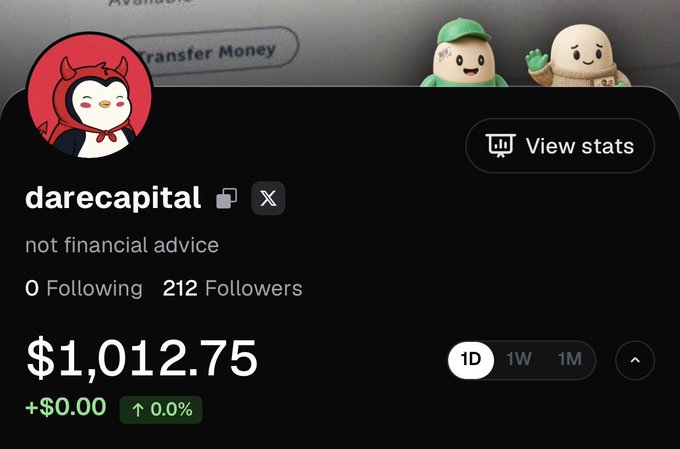 A screenshot of a Robinhood portfolio page for the user 'darecapital' (not financial advice) showing 212 followers, 0 following, a balance of $1,012.75 with +$0.00 change (0.0%).