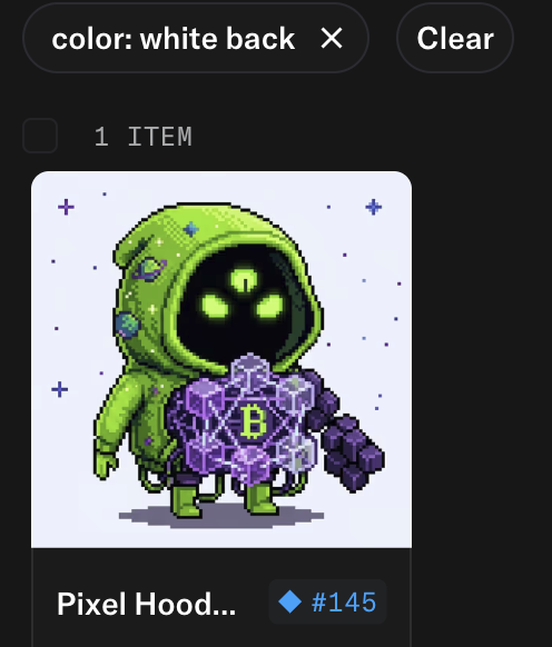 An NFT marketplace listing for a 'Pixel Hoodie' (#145) pixel art character in a green hoodie holding a purple Bitcoin 'B' symbol, filtered by 'color: white back'.