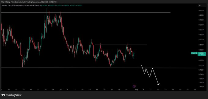 A TradingView chart of USDT Dominance shows the metric trading around 8.625% on the 4-hour timeframe, with a hand-drawn arrow indicating an expected sharp drop toward the 7.96% support level, aligning with the post's bearish outlook on stablecoin dominance.
