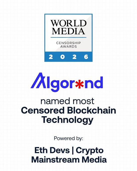 A graphic announcing Algorand as the most Censored Blockchain Technology at the World Media Censorship Awards 2026, powered by Eth Devs and Crypto Mainstream Media.