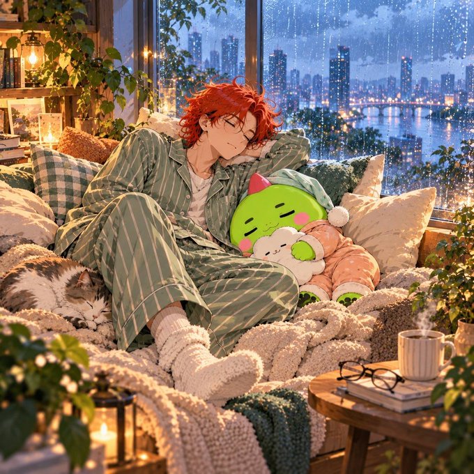 An anime-style illustration of a red-haired young man in striped pajamas relaxing on a bed with plush toys, a sleeping cat, and a rainy cityscape visible through the window.