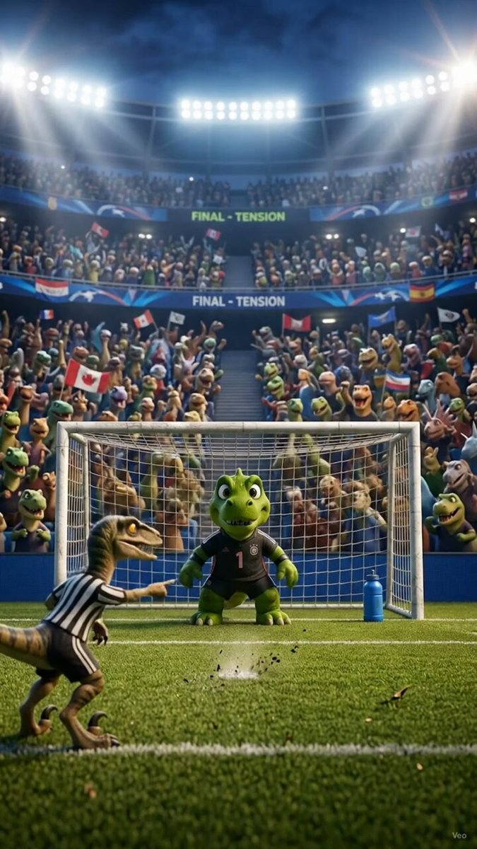 The image features a soccer game with animated characters, including a dinosaur as the goalkeeper and other cartoon characters playing soccer. The scene takes place at a stadium filled with spectators who are watching the game intently. The post about the @AngryDynomites squad is related to this image because it highlights the animated nature of the soccer game depicted in the photo.