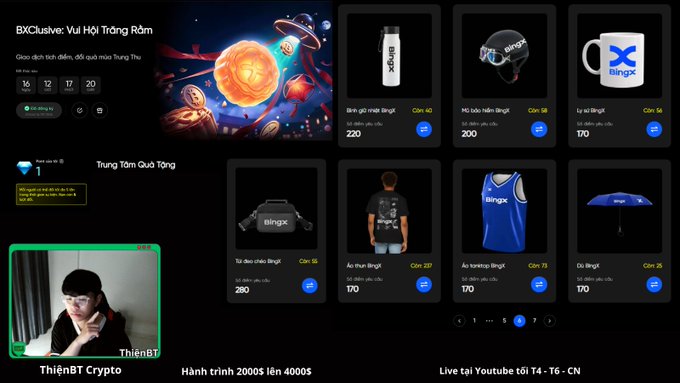 BXClusve promotional page featuring a Mid-Autumn Festival event (Vui Hội Trăng Rằm) with rewards (16, 12, 17, 20) and a merchandise shop showing BingX branded items including water bottles (40/220), headwear (58/200), mugs (56/170), umbrellas (267/280), t-shirts (217/170), jerseys (73/170), and umbrellas (26/170).