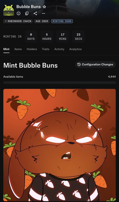 The image shows the "Bubble Buns" NFT mint page on Robinhood Chain, scheduled for August 2026 with a countdown timer showing 0 days, 5 hours, 17 minutes, and 23 seconds remaining, featuring 4,444 available items and a cartoon character surrounded by carrots. The post asks about price predictions for the mint and whether users are eligible to participate in the upcoming drop.