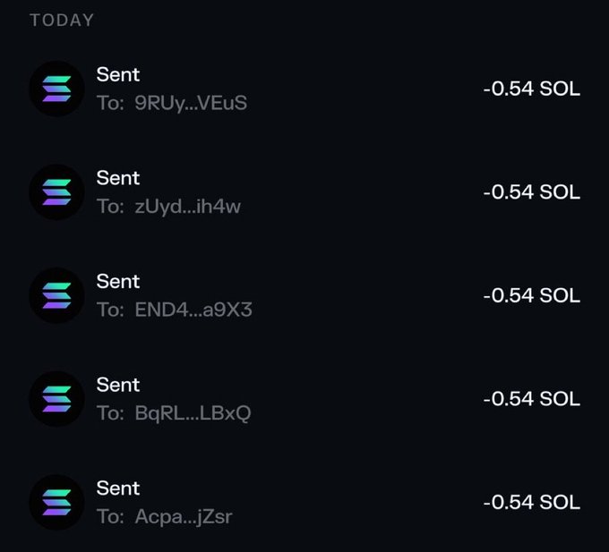 A screenshot of a crypto wallet transaction history showing 5 "Sent" transactions of "-0.54 SOL" each to different anonymous addresses, illustrating someone distributing Solana prizes to multiple winners of the giveaway contest.