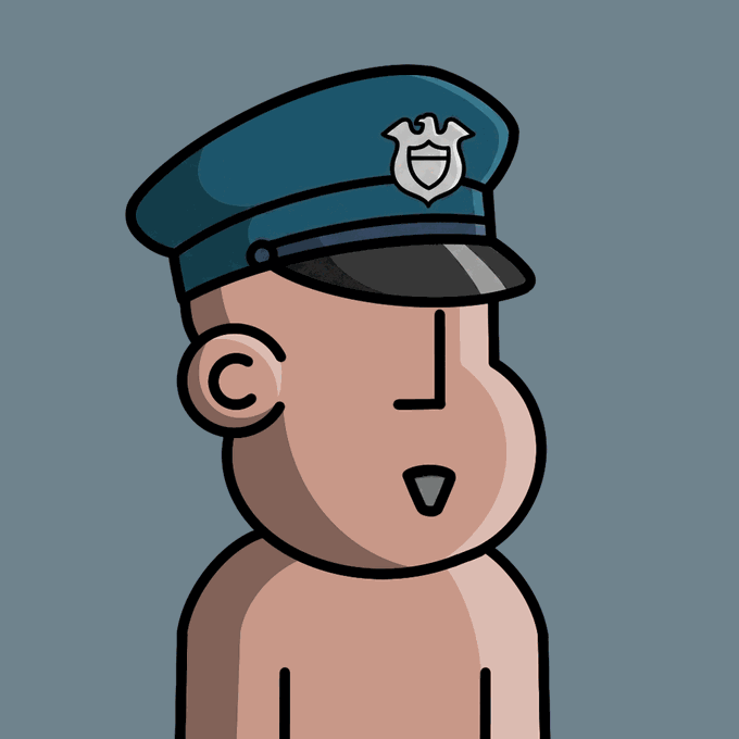 A cartoon illustration of a character wearing a blue police-style officer's cap with a shield badge, shown in profile view.