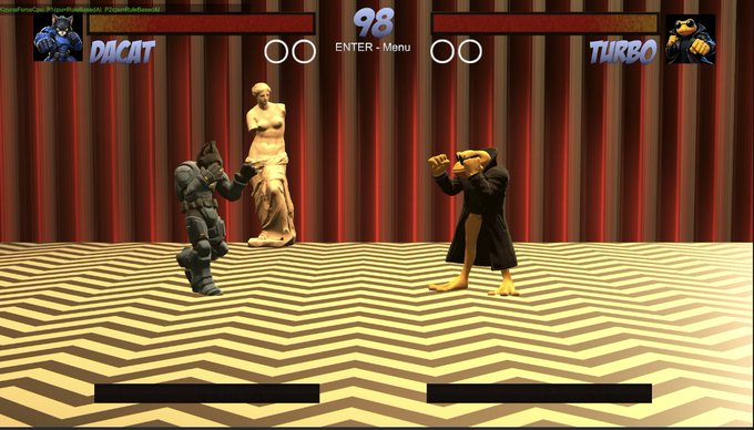 Screenshot of a Mortal Kombat-style fighting game showing characters "DACAT" vs "TURBO" with a timer showing 98, red curtain background, and a statue in the center.