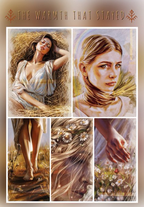 An artistic collage titled 'THE WARMTH THAT STAYED' features multiple panels showing women in golden, sunlit settings with wheat, straw, daisies, and floral elements in a warm, painterly style.