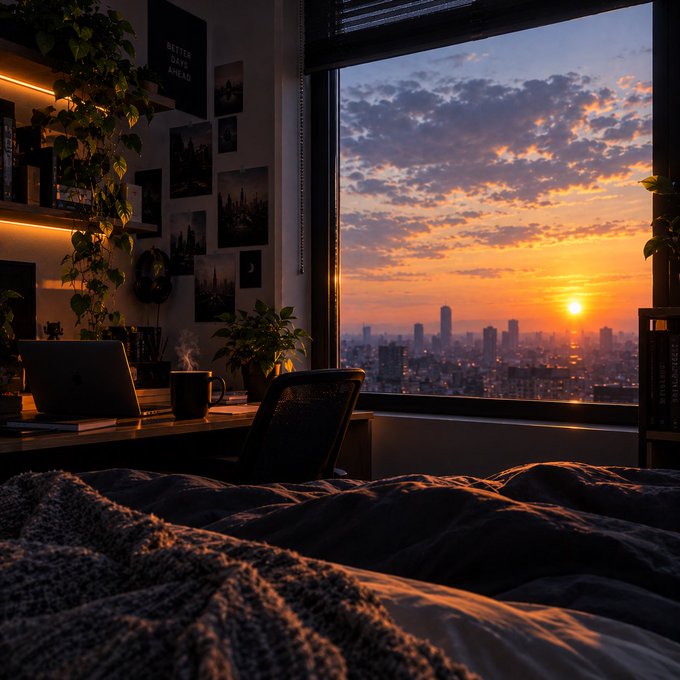 A cozy bedroom scene at sunset featuring a large window overlooking a city skyline, with a desk holding a laptop and steaming mug, plants cascading from shelves, and a textured blanket in the foreground.