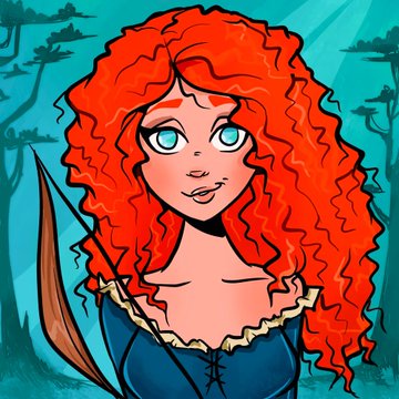 A cartoon-style illustration of a red-haired woman with bright blue eyes wearing a blue dress, with what appears to be a weapon strapped to her back.