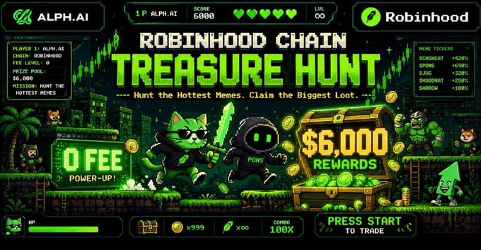 A pixel-art arcade-style banner titled "Robinhood Chain Treasure Hunt" by ALPH.AI offers a $6,000 prize pool for hunting the "hottest memes," featuring cat and hooded-figure mascots alongside a leaderboard listing tickers like $PONS, $JUG, $HOODGART, and $ARROW. The image visually reinforces the post's message by spotlighting meme tokens like $PONS as part of an ongoing gamified trading competition on the Robinhood Chain.