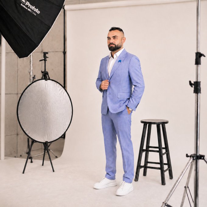 A bearded man in a light blue suit poses confidently in a professional photography studio, with a "Profoto" softbox light and reflector visible in the setup. The image suggests an upcoming promotional shoot, hinting at something exciting being prepared to share with followers.