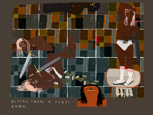 An expressionist digital painting with a tiled background depicting dark figures, a bird-headed creature, and the text "BLOCKS FROM A VIDEO GAME."