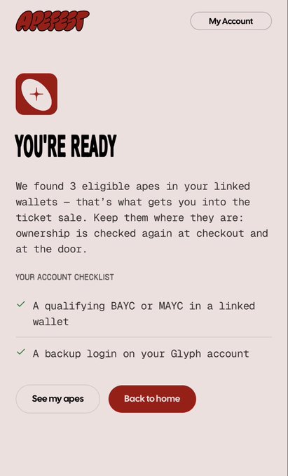 A mobile app screen titled "AREA51" displays "YOU'RE READY" with the message that 3 eligible apes were found in linked wallets, along with a checklist including a qualifying BAYC or MAYC and a backup login on the Glyph account.
