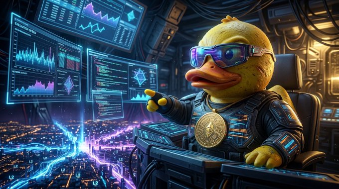 A cartoon duck wearing reflective goggles and an Ethereum medallion sits at a control station with multiple trading charts and data screens, set against a neon-lit futuristic cityscape.