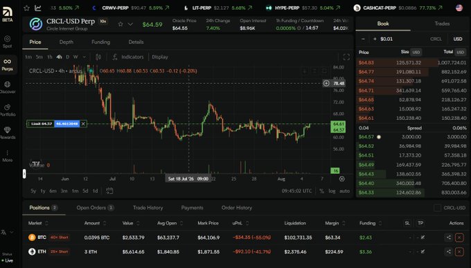 A cryptocurrency trading interface on Beta platform displays the CRCL-USD Perpetual order book with a price chart showing 24-hour changes and active positions.