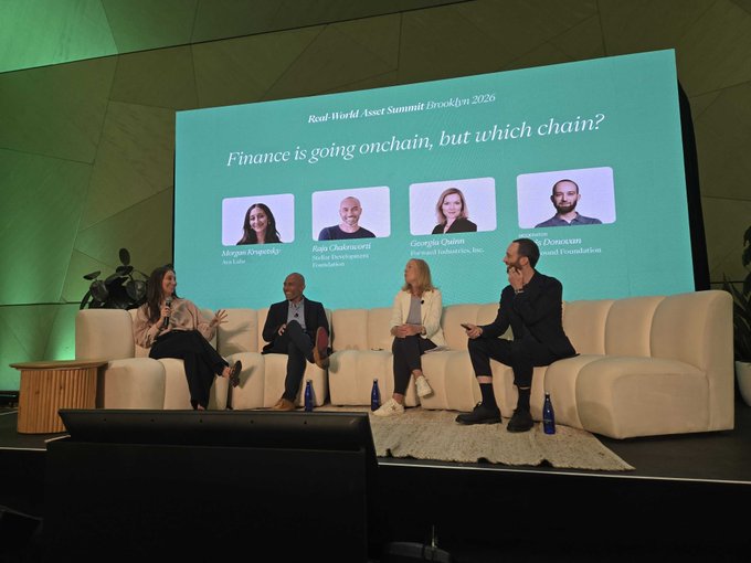 Four panelists sit on a cream-colored sofa on stage at the Real World Asset Summit Brooklyn 2026, beneath a large screen displaying the discussion title "Finance is going onchain, but which chain?" along with headshots and names of speakers including Morgan Krupetsky (TaxBit), Paul Chakravarthy (Stellar Development Foundation), Georgia Oaten (Hashnote), and Sergey Domasian (Mantle Foundation), directly illustrating the on-chain finance debate referenced in the post.