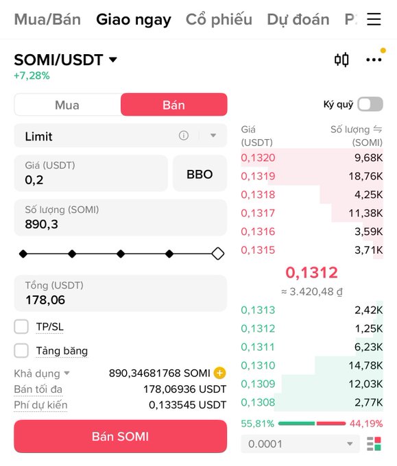 A Vietnamese crypto trading app interface showing a 'Bán' (Sell) order for SOMI/USDT with the token up 7.28%, a price of 0.1312 USDT, and order book details.
