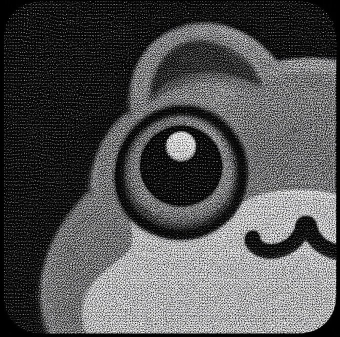 A black-and-white stippled, noir-style close-up illustration focuses on a creature's large, expressive eye and a simple wavy mouth.
