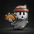 A small pixel-art character wearing a white cap and holding what appears to be food items sparkles against a black background.
