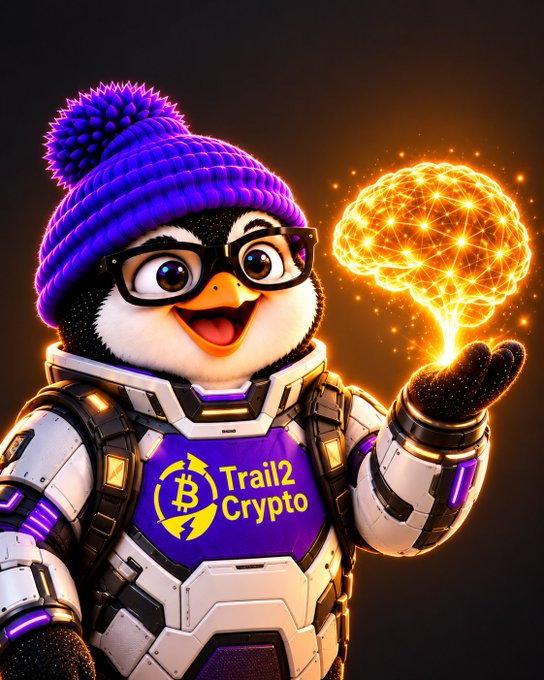 A penguin astronaut in a purple beanie and black glasses holds a glowing orange holographic brain; its suit reads “Trail2 Crypto” beside a yellow Bitcoin-style logo.