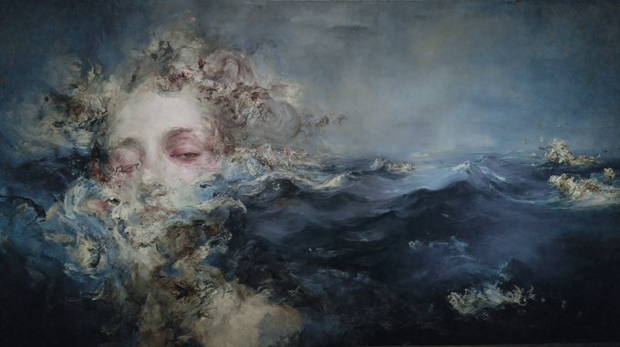 A surreal painting showing a pale face emerging from turbulent dark blue ocean waves.
