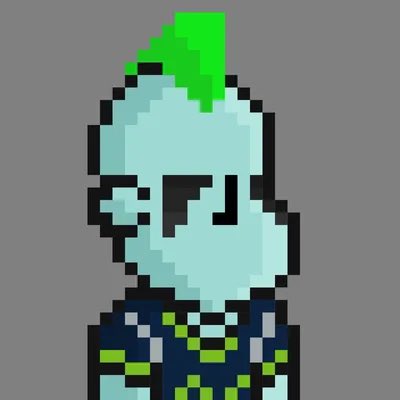 A pixel art portrait of a light blue skeleton character with a bright green mohawk wearing a studded black harness against a gray background.