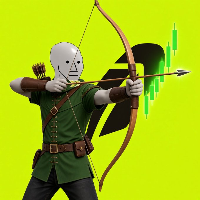 A faceless 3D-rendered archer draws back a bow, with an arrow piercing through a glowing green candlestick chart and the ticker symbol "NPC" in the background, visually representing the post's claim that "Nothing comes close to $NPC" as the arrow literally hits the mark on the rising chart.