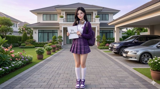 An illustrated girl in a purple plaid school uniform holds a notebook reading "It's Monday" while standing in front of a large modern house with luxury cars parked in the driveway.