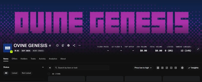 Screenshot of an NFT marketplace listing for 'OVINE GENESIS' on Sep 2026, showing zero floor price, volume, and only 12 (14%) owners.