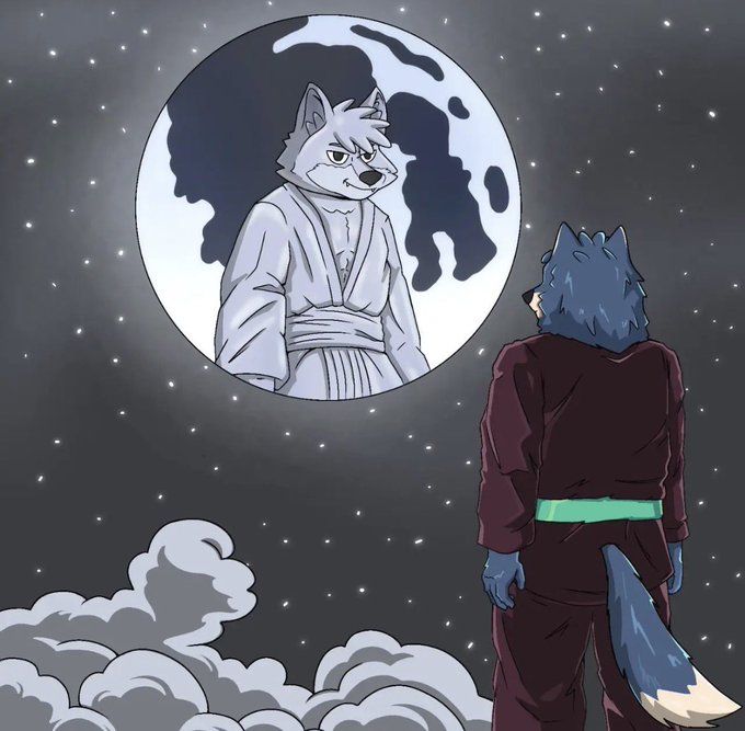 A digital illustration of an anthropomorphic wolf character in a dark red robe gazing up at a large full moon that reflects the image of another white wolf character wearing a kimono.