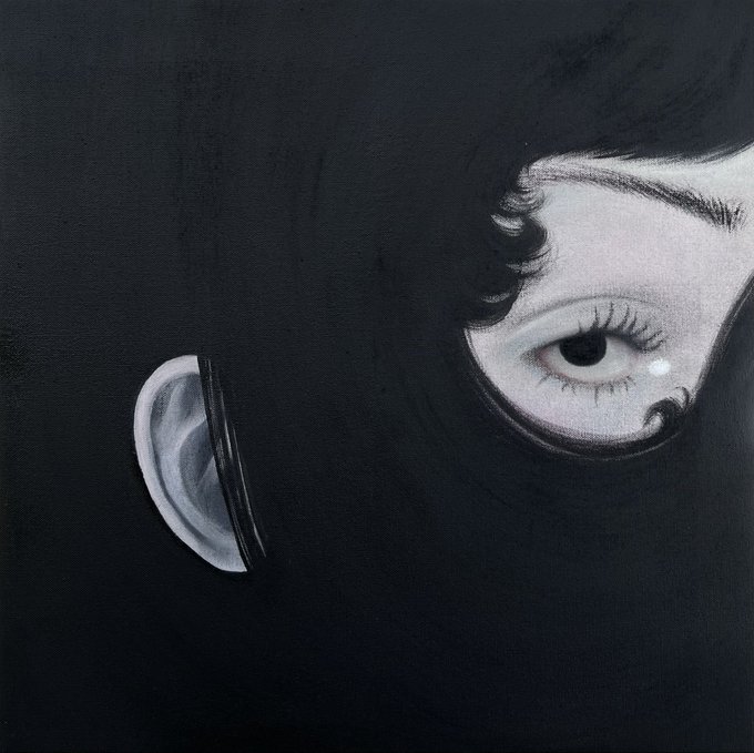 A dark, surreal painting featuring a detailed rendering of an eye and ear emerging from a black background, with visible eyelashes and an eyebrow above the eye.