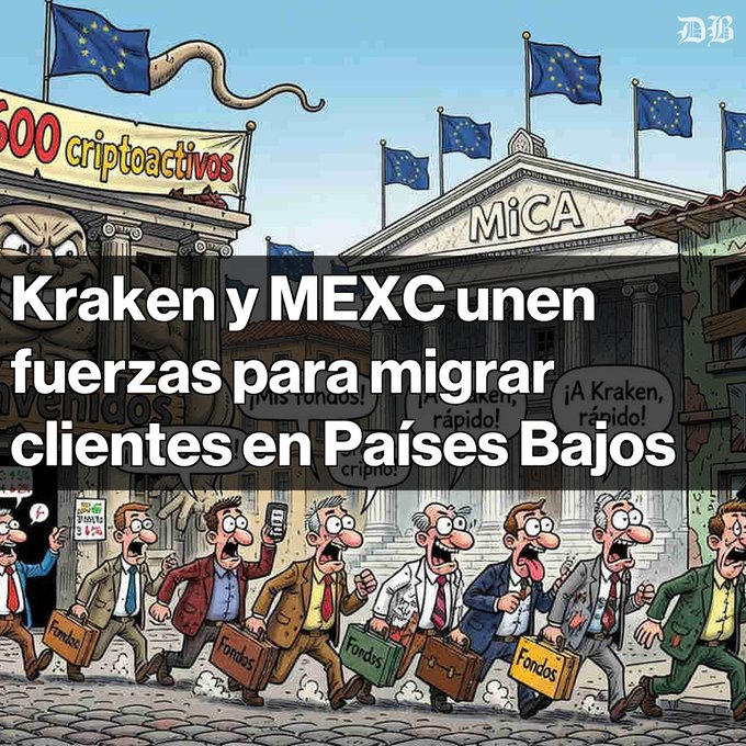 A Spanish-language political cartoon with overlaid text 'Kraken y MEXC unen fuerzas para migrar clientes en Países Bajos' depicting panicked businessmen carrying briefcases labeled 'fondos' fleeing from a bank labeled 'MiCA' with EU flags flying.
