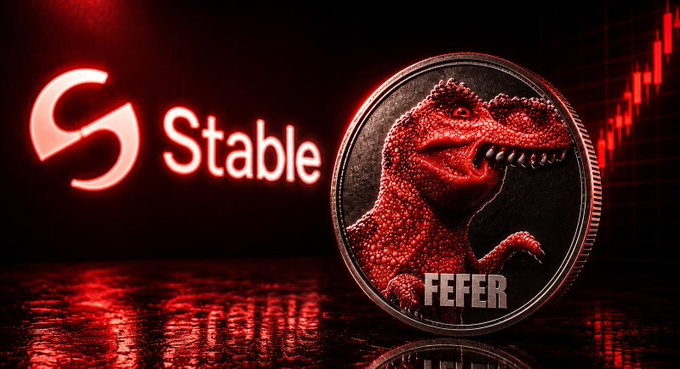 This image features the "Stable" logo and a coin with a dinosaur graphic labeled "FEFER," all set against a backdrop of a declining stock market graph, suggesting a connection to the $FEFER cryptocurrency and the "kookletter" mentioned in the accompanying post.